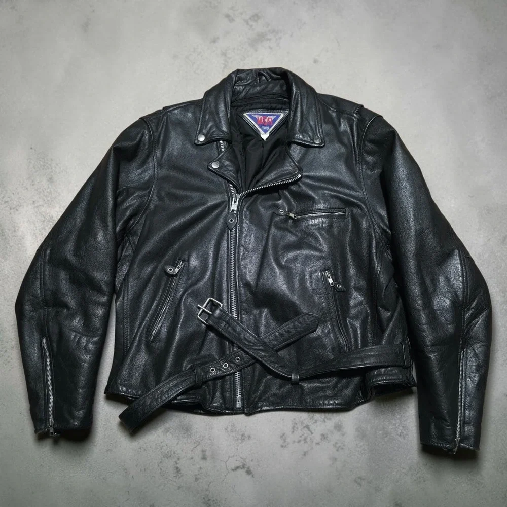 Vintage MOB Black Leather Motorcycle Jacket Mens 52 Biker Moto Riding Heavy Belt